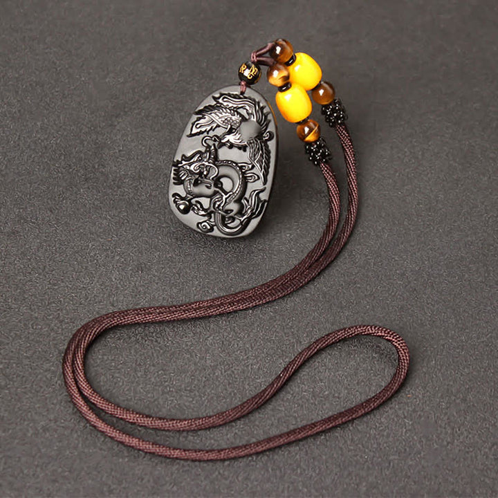Collana con ciondolo di perline di protezione in ossidiana nera con occhio di tigre, drago e fenice - Filo di perline di ossidiana e occhio di tigre - image 8