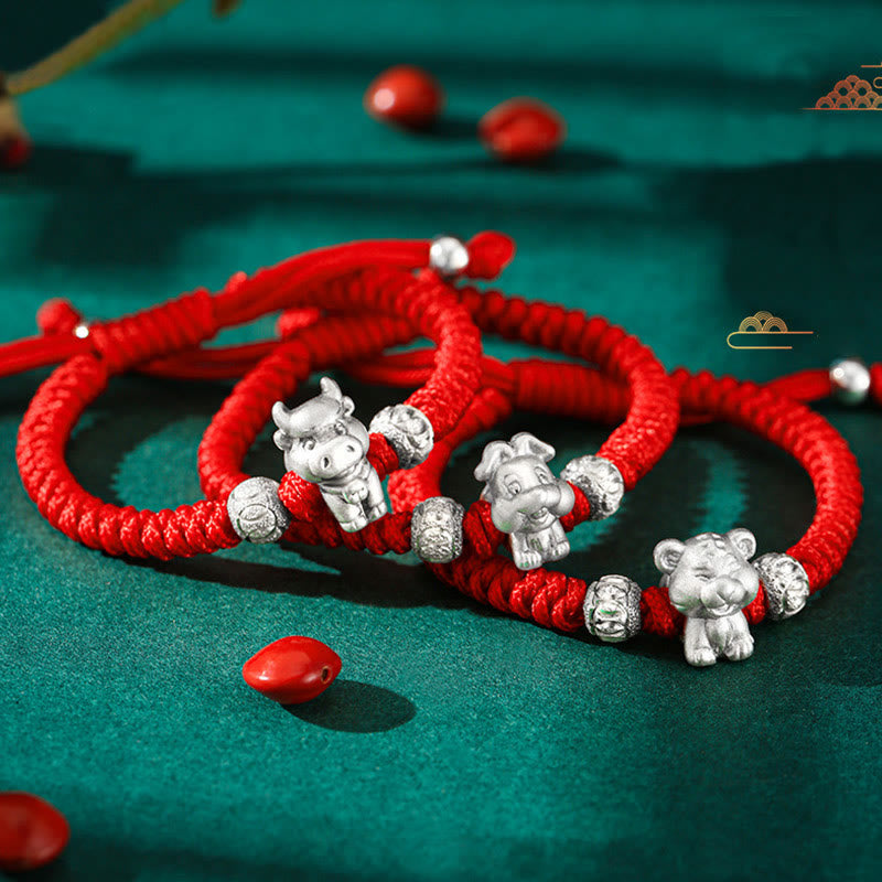 Braccialetto per bambini fatto a mano in corda rossa con Buddha Stones, in argento sterling 999, con zodiaco cinese - image 1