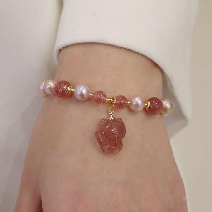 Braccialetto con ciondolo guarigione amore volpe carina perla naturale quarzo fragola Buddha Stones