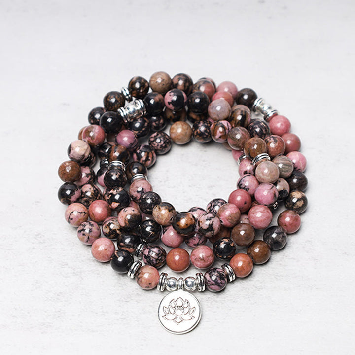 Buddha Stones 108 Mala Beads Rhodonite Lotus Compassion Energy Bracciale