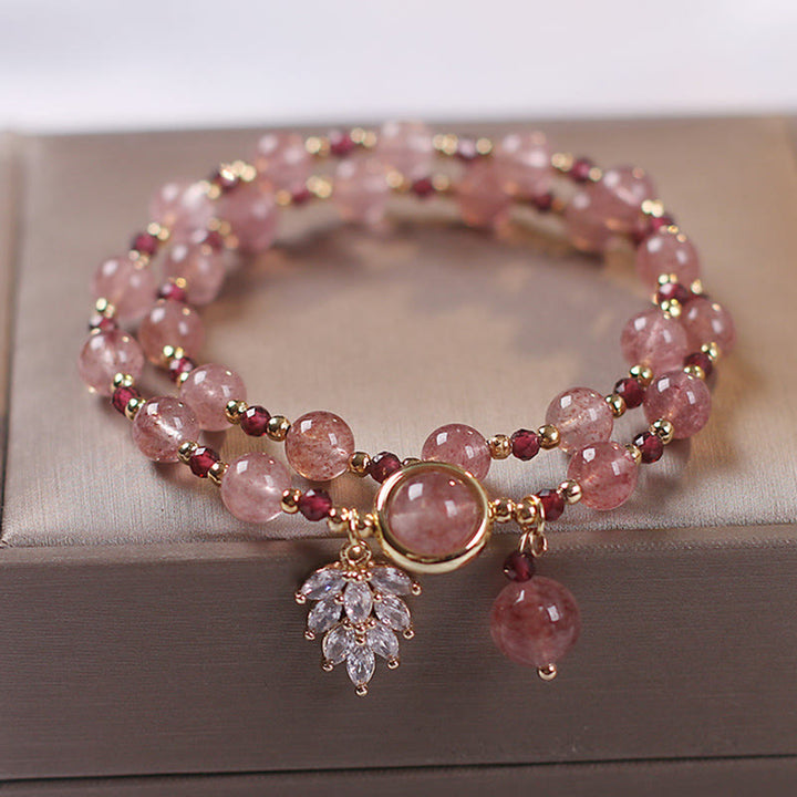 Braccialetto a doppio giro con ciondolo a forma di foglia d'acero con quarzo fragola naturale Buddha Stones Love Healing