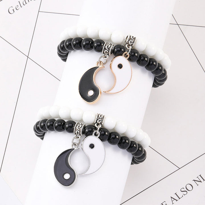 Buddha Stones 2 pezzi Braccialetto di coppia di protezione Yin Yang con perline di turchese bianco e onice nero