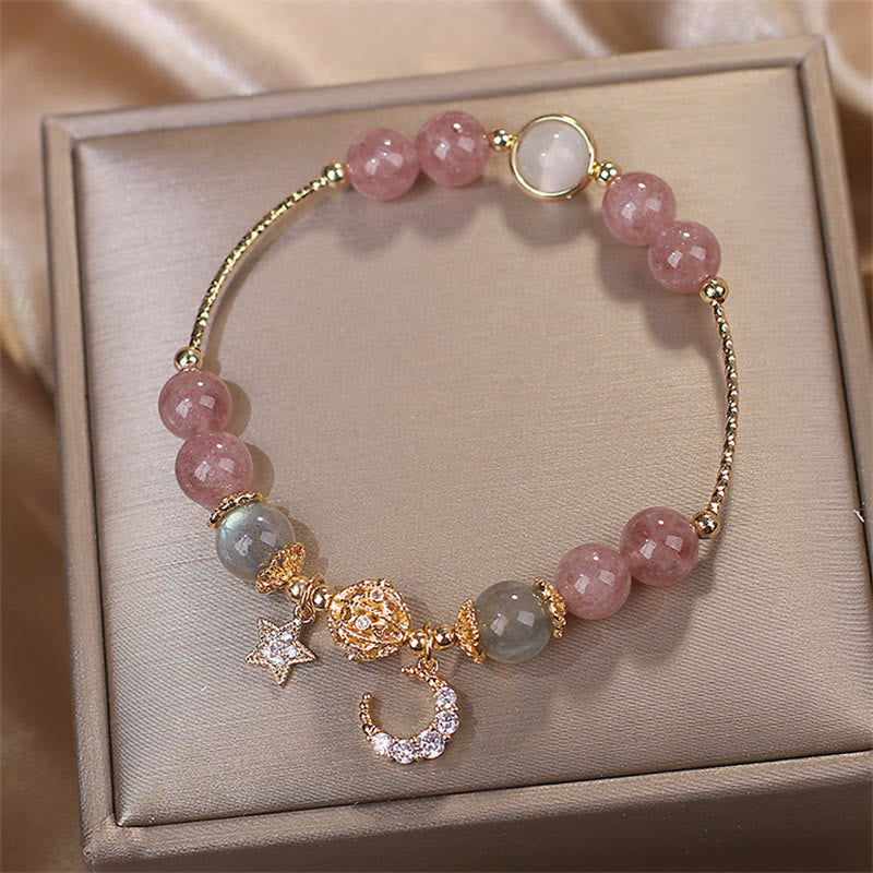 Bracciale Buddha Stones Quarzo fragola Pietra di luna Stella luna Amore - Quarzo fragola e pietra di luna (circonferenza polso 16-16,5 cm) - image 1