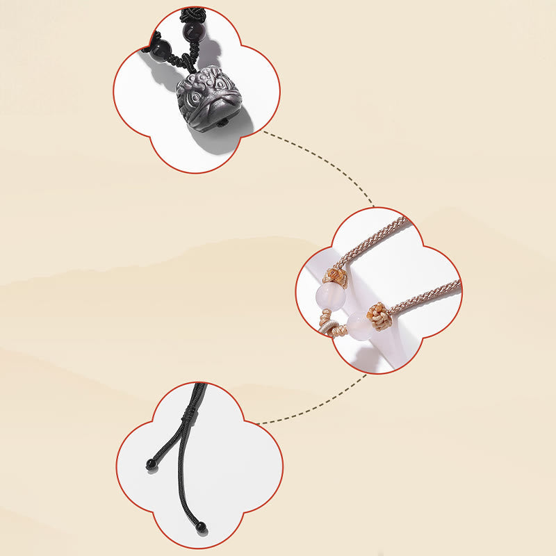 Collana con ciondolo di protezione leone danzante in agata rossa e ossidiana lucida in argento naturale Buddha Stones