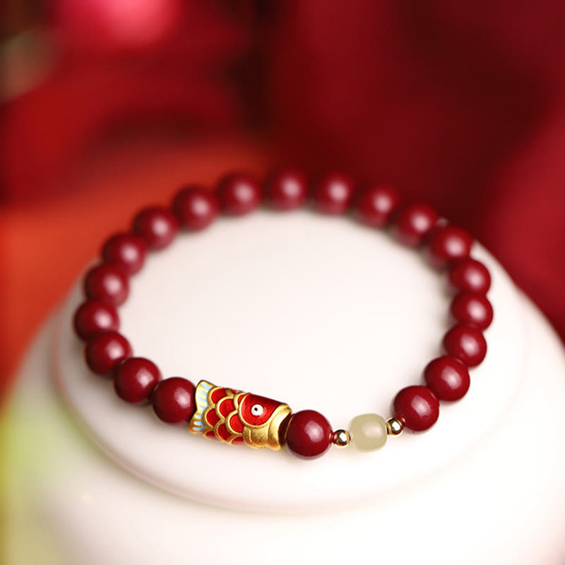 Braccialetto di benedizione con perline di giada Hetian, cinabro naturale, pesce koi fortunato, Buddha Stones