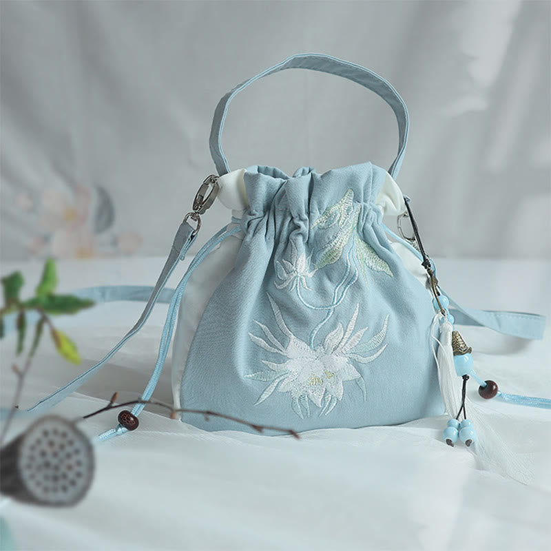 Borsa a tracolla in tela con fiori ricamati a mano con Buddha Stones - Loto blu e bianco 20*20 cm - image 44