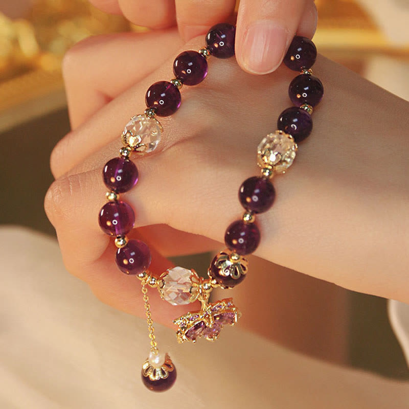 Bracciale con ciondolo a forma di foglia d'acero con ametista naturale placcato oro 14k Buddha Stones