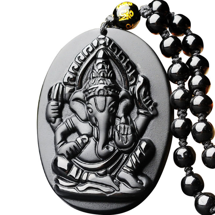 Buddha Stones Collana con amuleto della ricchezza dell'elefante Ganesh Ganpati in ossidiana tibetana - image 0