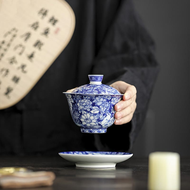 Buddha Stones Vintage Blu e Bianco Porcellana Ceramica Gaiwan Sancai Tazza da Tè Kung Fu Tazza da Tè e Piattino con Coperchio