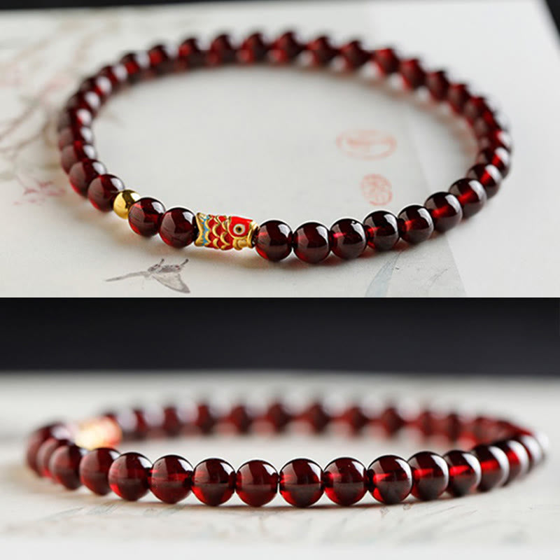 Braccialetto di protezione in granato naturale con pesce koi in oro 999 Buddha Stones - image 6