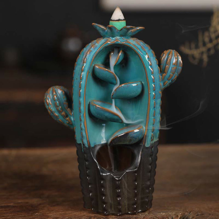 Bruciatore di incenso con fontana di fumo a riflusso curativo in ceramica di cactus - Cactus-Blu 12,5*6,5*17cm - image 0