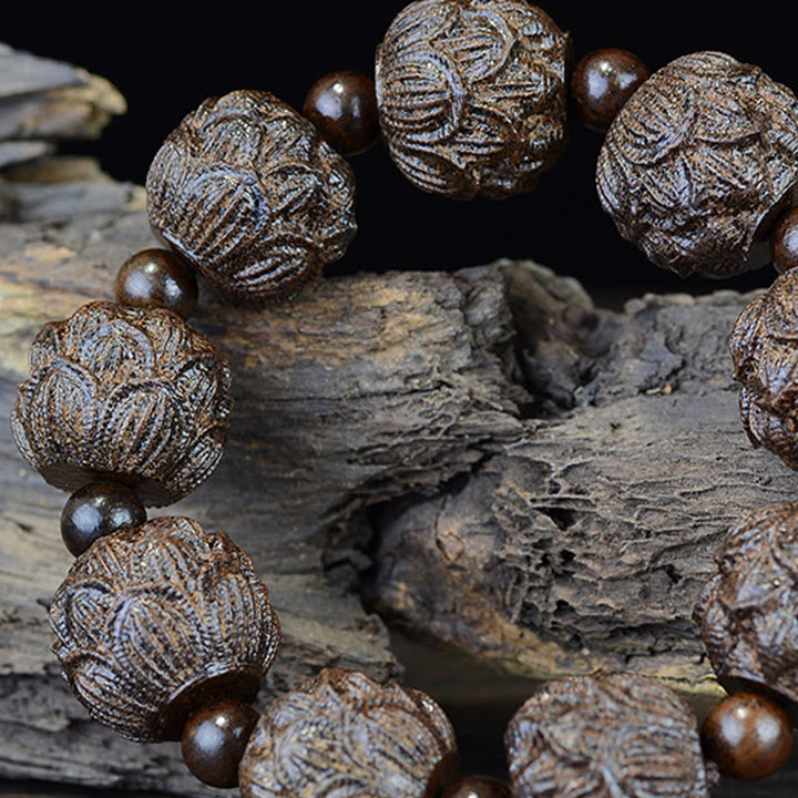 Braccialetto di equilibrio inciso Buddha Stones, legno di ebano, diciotto Arhat, drago di loto