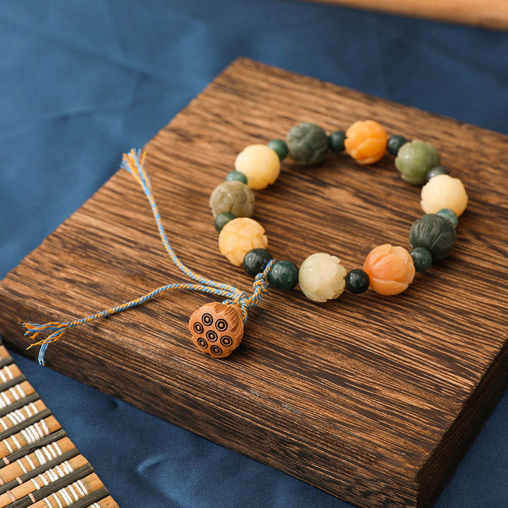 Braccialetto Buddha Stones Bodhi Seed Lotus Bead inciso Muschio Agata Pace Calma