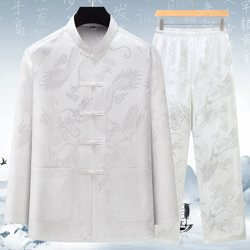 Buddha Stones Tang Suit Uomo Hanfu Cinese Drago Tradizionale Vestiti Kung Fu Camicia Uniforme Manica Lunga Cappotto Top e Pantaloni Abbigliamento Uomo Set - Bianco - US/UK/AU42, EU52 (3XL) - image 16