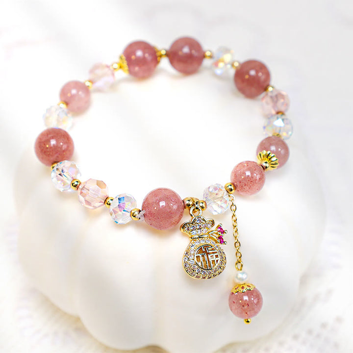Braccialetto positivo con ciondolo a forma di sacchetto di denaro in cristallo di quarzo fragola naturale Buddha Stones