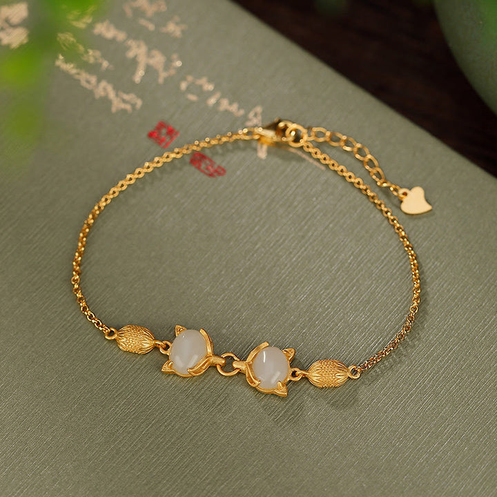 Braccialetto portafortuna con giada bianca naturale Hetian in argento sterling 925 Buddha Stones, giada ciano e volpe adorabile - Giada bianca (Protezione ♥ Felicità) - image 5