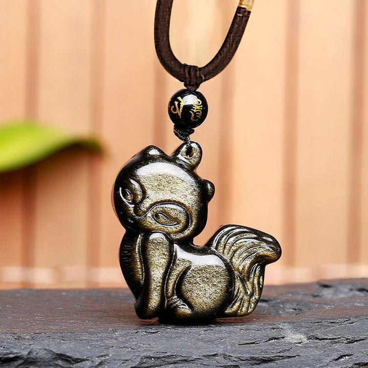 Buddha Stones Ossidiana naturale arcobaleno Oro lucentezza Ossidiana Volpe a nove code Collana pendente positivo - Volpe di ossidiana lucente dorata - image 13