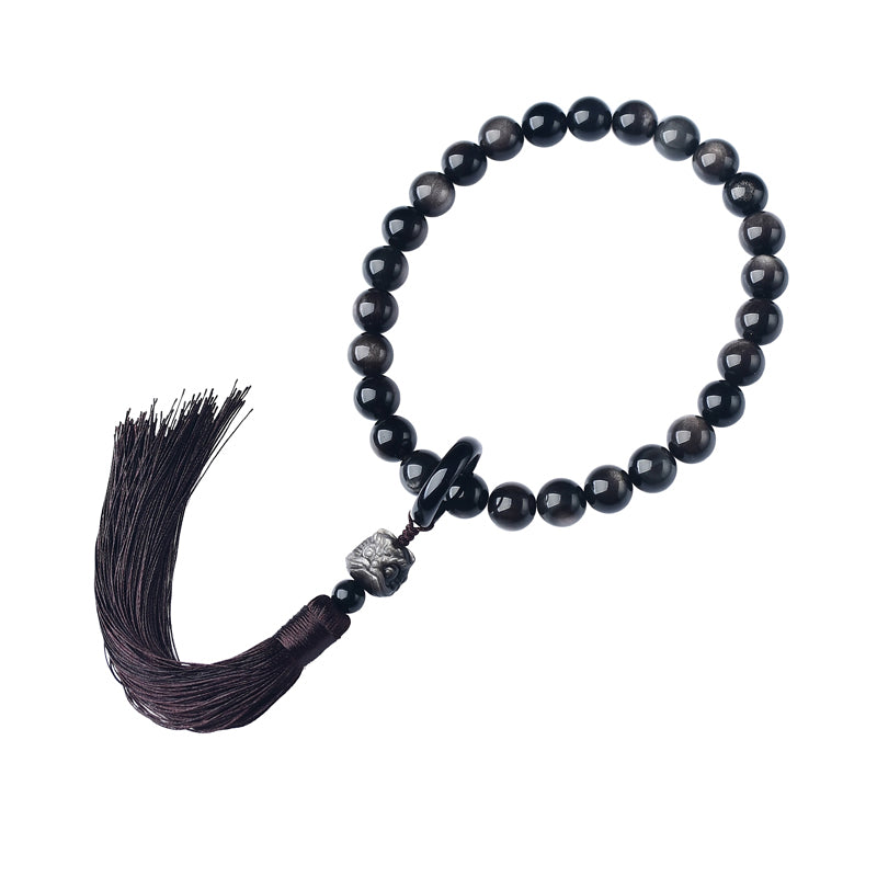 Buddha Stones Argento naturale Ossidiana lucente Leone Mala da polso Protezione Nappe Mala tascabile Decorazione per auto