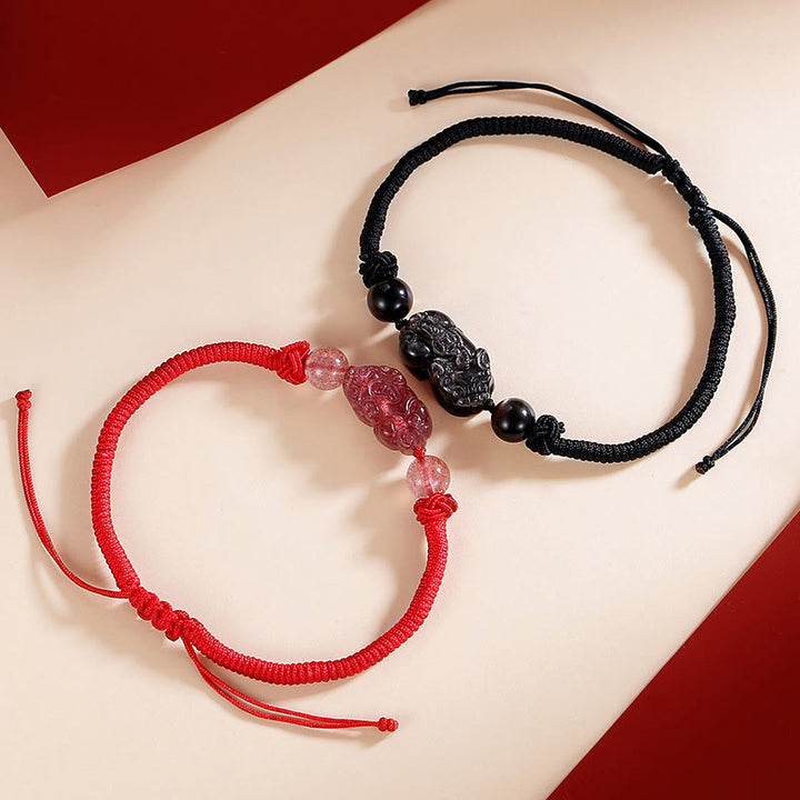 Braccialetto intrecciato di protezione PiXiu in quarzo fragola con ossidiana lucida in argento naturale fatto a mano Buddha Stones - image 8
