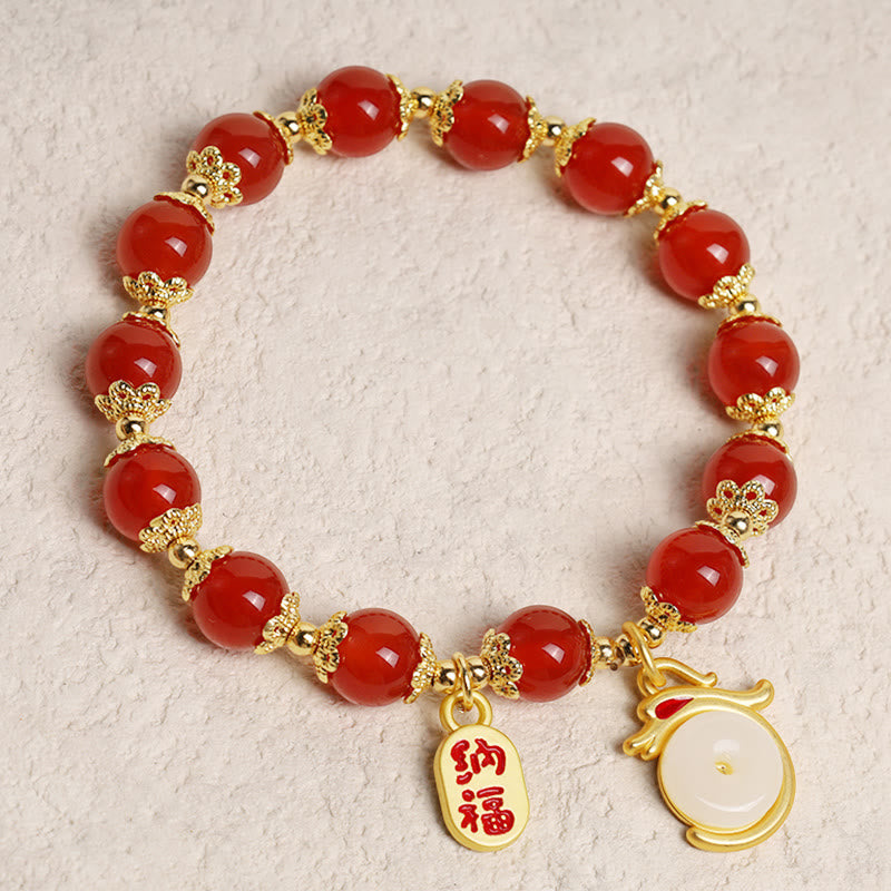 Buddha Stones Anno del Drago Agata Rossa Avventurina Verde Fibbia della Pace Carattere Fu Bracciale Fortunato