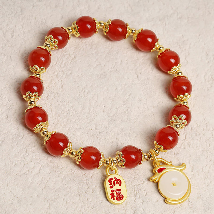 Buddha Stones Anno del Drago Agata Rossa Avventurina Verde Fibbia della Pace Carattere Fu Bracciale Fortunato