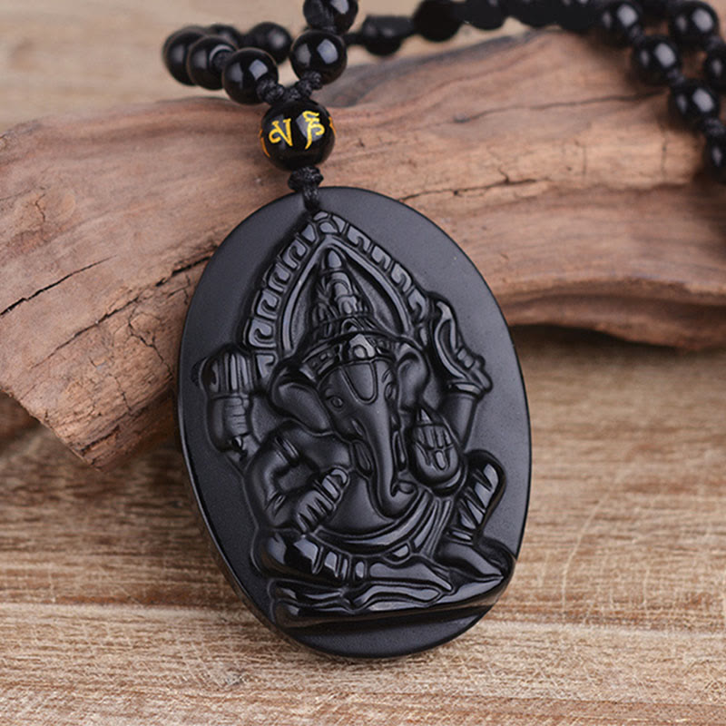 Buddha Stones Collana con amuleto della ricchezza dell'elefante Ganesh Ganpati in ossidiana tibetana - image 1