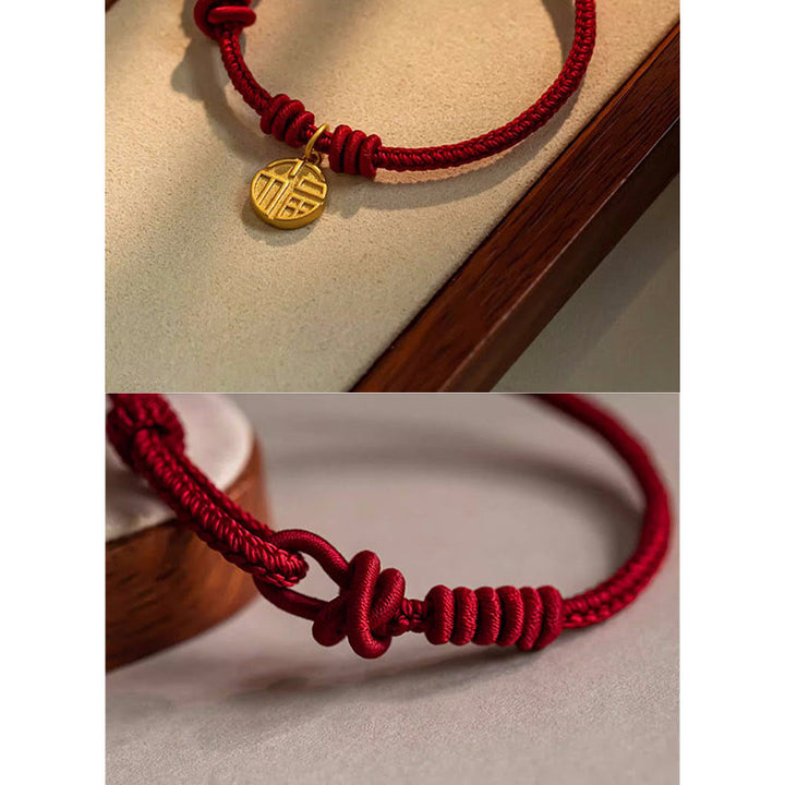 Braccialetto di corda rossa con ciondolo a forma di carattere Fu con nodo della pace a otto fili fatto a mano Buddha Stones