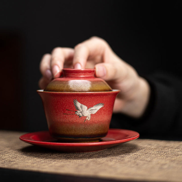 Buddha Stones Red Gru di buon auspicio Ceramica Gaiwan Sancai Tazza da tè Kung Fu Tazza da tè e piattino con coperchio