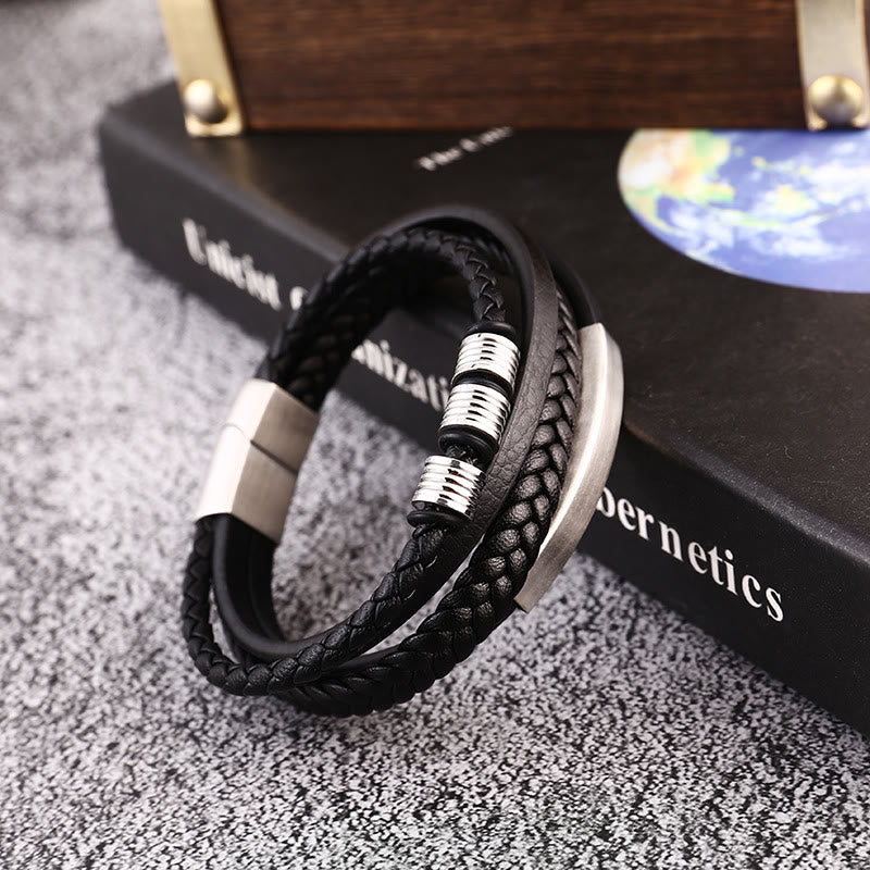 Bracciale con fibbia magnetica intrecciata in acciaio al titanio multistrato in pelle Buddha Stones