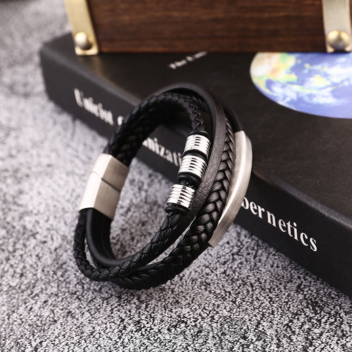 Bracciale con fibbia magnetica intrecciata in acciaio al titanio multistrato in pelle Buddha Stones