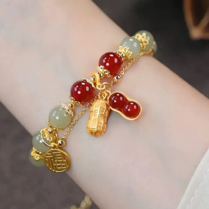 Braccialetto di perline con carattere Fu , Buddha Stones di giada, foglia di ginkgo, tulipano, arachidi e fortuna - image 17