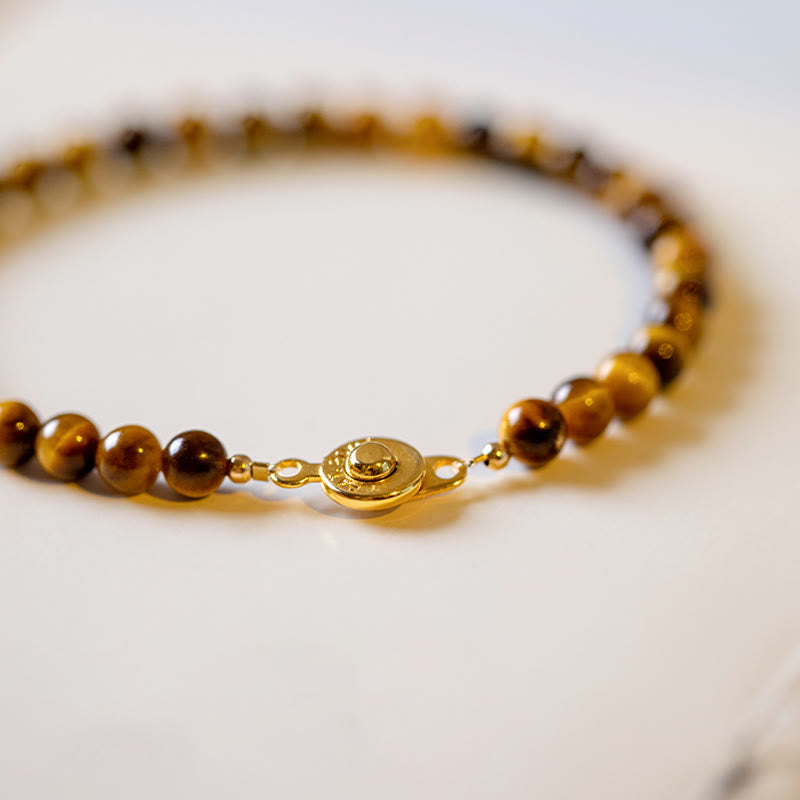 Braccialetto di protezione del coraggio in pietra naturale occhio di tigre placcato oro 14K Buddha Stones