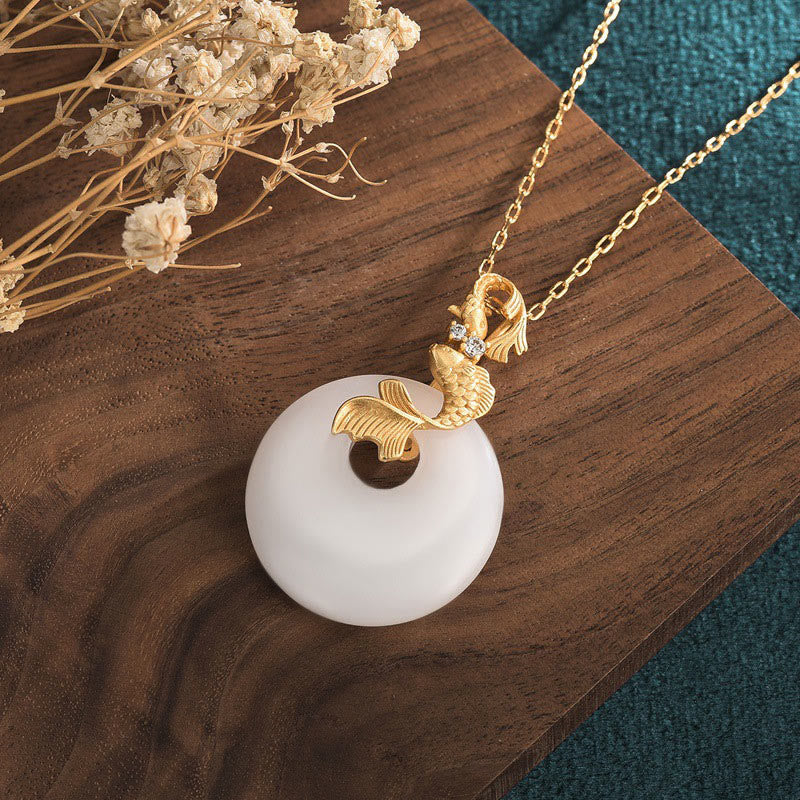 Collana con ciondolo Buddha Stones, giada bianca, pesce Koi, ricchezza e prosperità - image 3