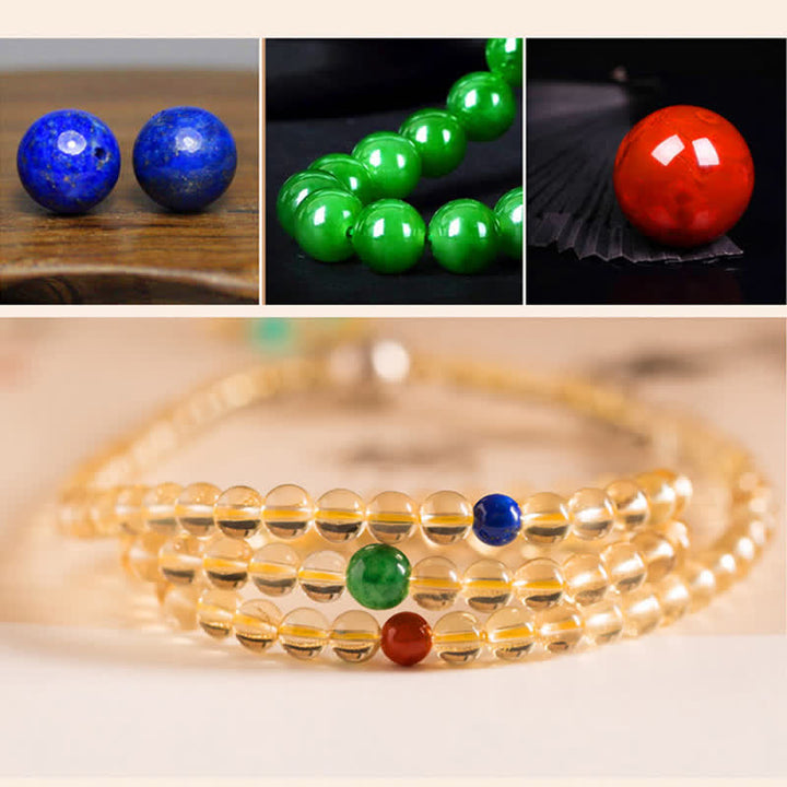 Braccialetto con ciondolo in argento sterling 925, 108 perline Mala, citrino naturale, agata rossa, ambra e piacere