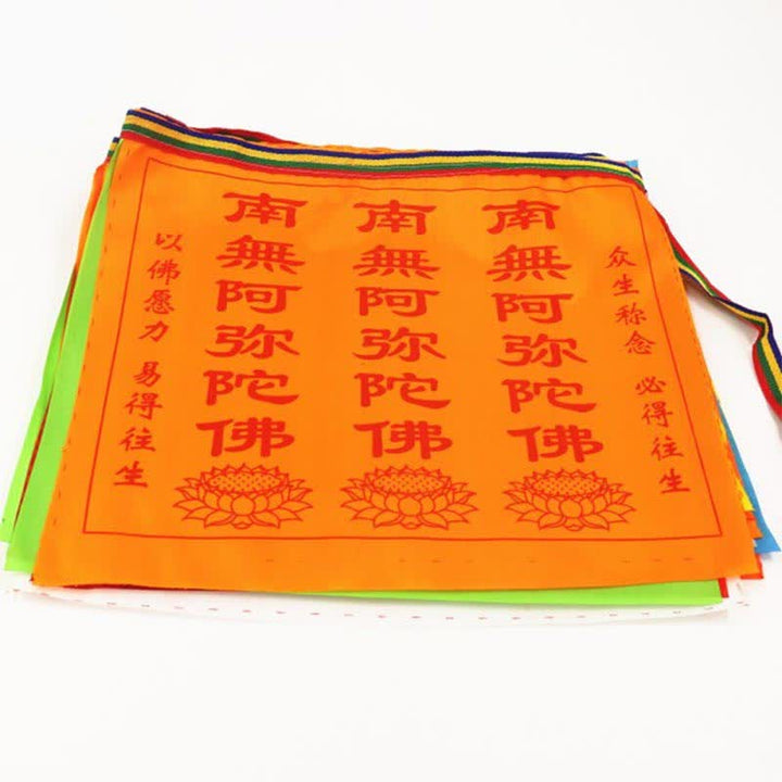 Buddha Stones Bandiera di preghiera tibetana a 7 colori con cavallo a vento e loto di buon auspicio per esterni, 21 pezzi. - image 6
