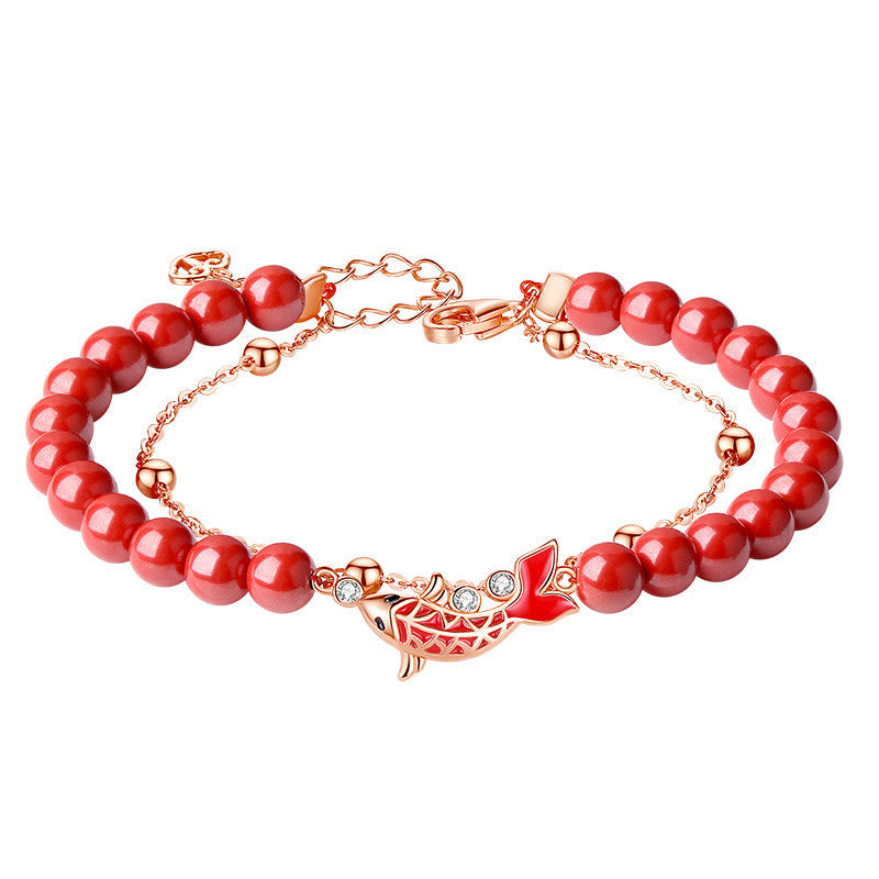 Bracciale a catena a doppio strato con zirconi e cinabro, in argento sterling 925, con pesce koi portafortuna, Buddha Stones - image 13