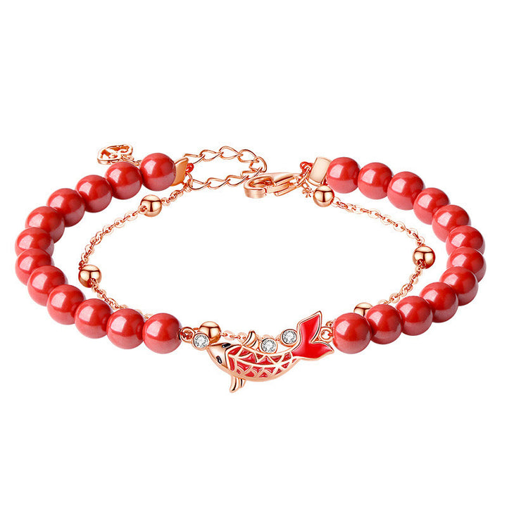 Bracciale a catena a doppio strato con zirconi e cinabro, in argento sterling 925, con pesce koi portafortuna, Buddha Stones - image 13