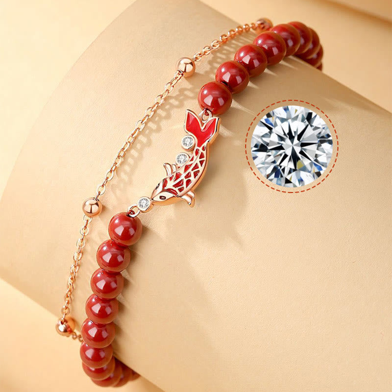 Bracciale a catena a doppio strato con zirconi e cinabro, in argento sterling 925, con pesce koi portafortuna, Buddha Stones - image 9