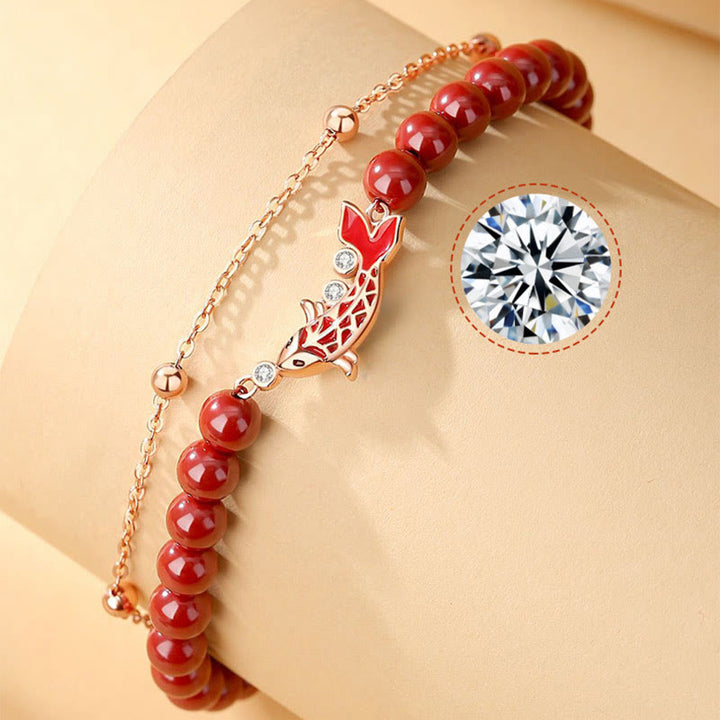 Bracciale a catena a doppio strato con zirconi e cinabro, in argento sterling 925, con pesce koi portafortuna, Buddha Stones - image 9