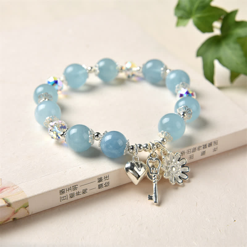 Bracciale con ciondolo a forma di chiave dell'amore con fiore di serenità in argento sterling 925 e acquamarina naturale Buddha Stones - Acquamarina e argento sterling 925 - image 0