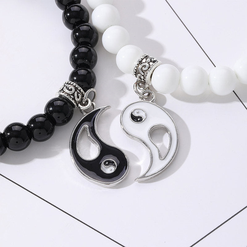 Buddha Stones 2 pezzi Braccialetto di coppia di protezione Yin Yang con perline di turchese bianco e onice nero