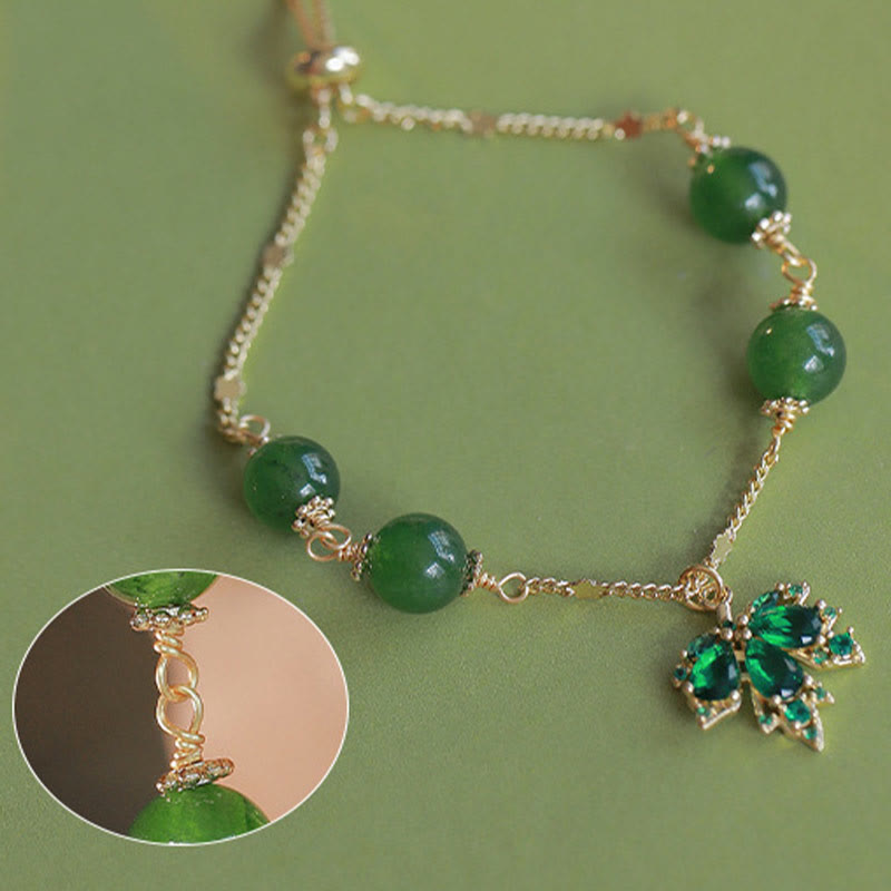 Bracciale Buddha Stones placcato oro 14k calcedonio verde foglia d'acero coraggio forza