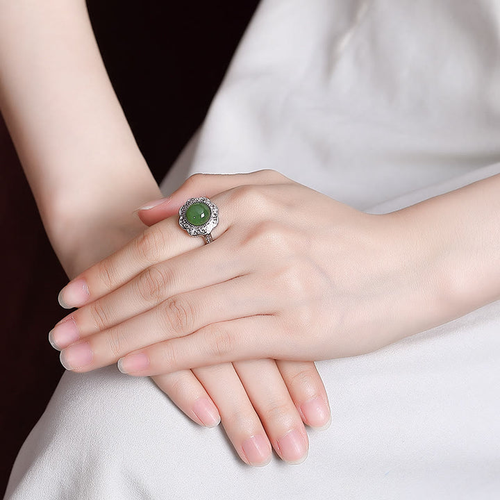 Anello regolabile con design a forma di fiore in giada ciano Hetian in argento sterling 925 Buddha Stones - image 3