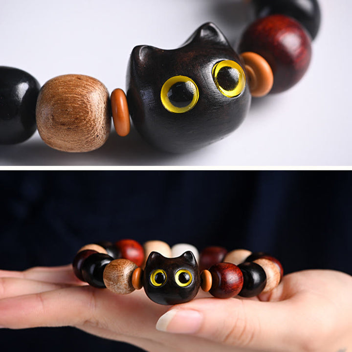 Braccialetto di protezione con incisione di gatto carino in legno di sandalo rosso e ebano con piccole foglie Buddha Stones - image 9
