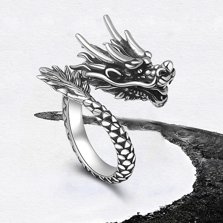 Anello regolabile Buddha Stones 990 Sterling Silver Vintage Dragon Design Luck Protection Strength - image 4