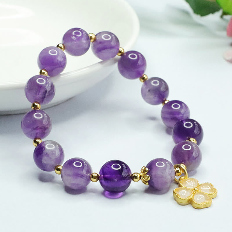 Bracciale con ciondolo a forma di quadrifoglio Buddha Stones, cristallo di ametista naturale e pace interiore