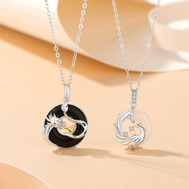 Buddha Stones 925 Argento Sterling Anno del Drago Onice Nero Naturale Calcedonio Drago Fenice Pace Fibbia Collana Pendente di Protezione - image 0