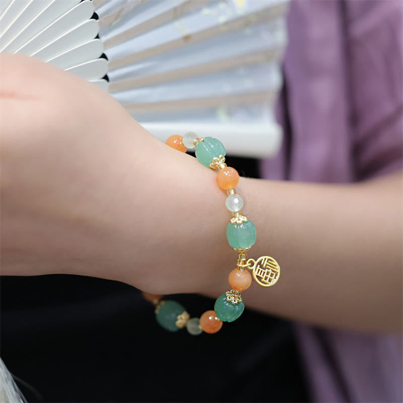 Buddha Stones Natural Golden Silk Jade Zucca Perlina Fu Carattere Charm Bracciale Ricchezza