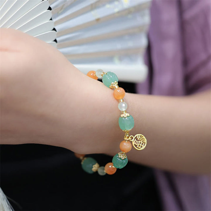 Buddha Stones Natural Golden Silk Jade Zucca Perlina Fu Carattere Charm Bracciale Ricchezza