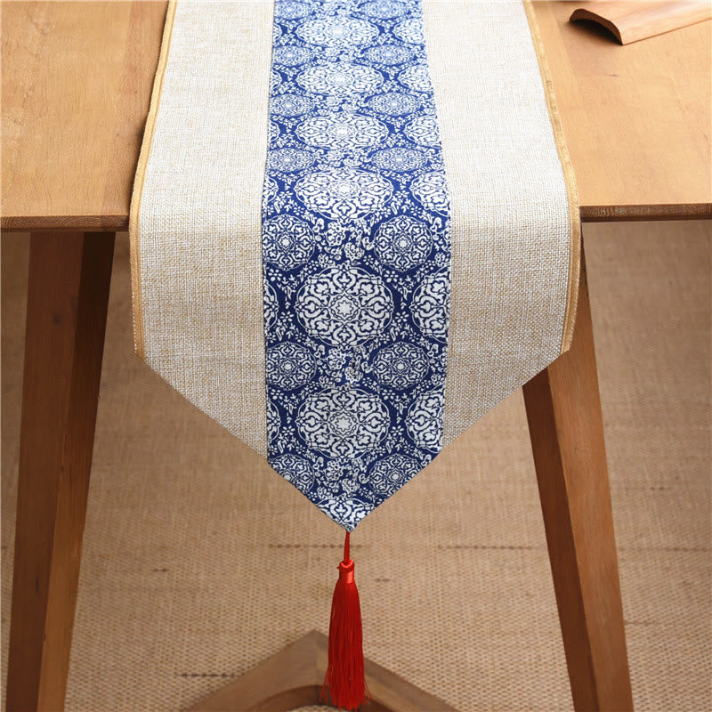 Buddha Stones Stile cinese classico Loto Koi Pesce Fiore Gru Calligrafia Illuminazione Cotone Lino Nappe Runner da tavolo